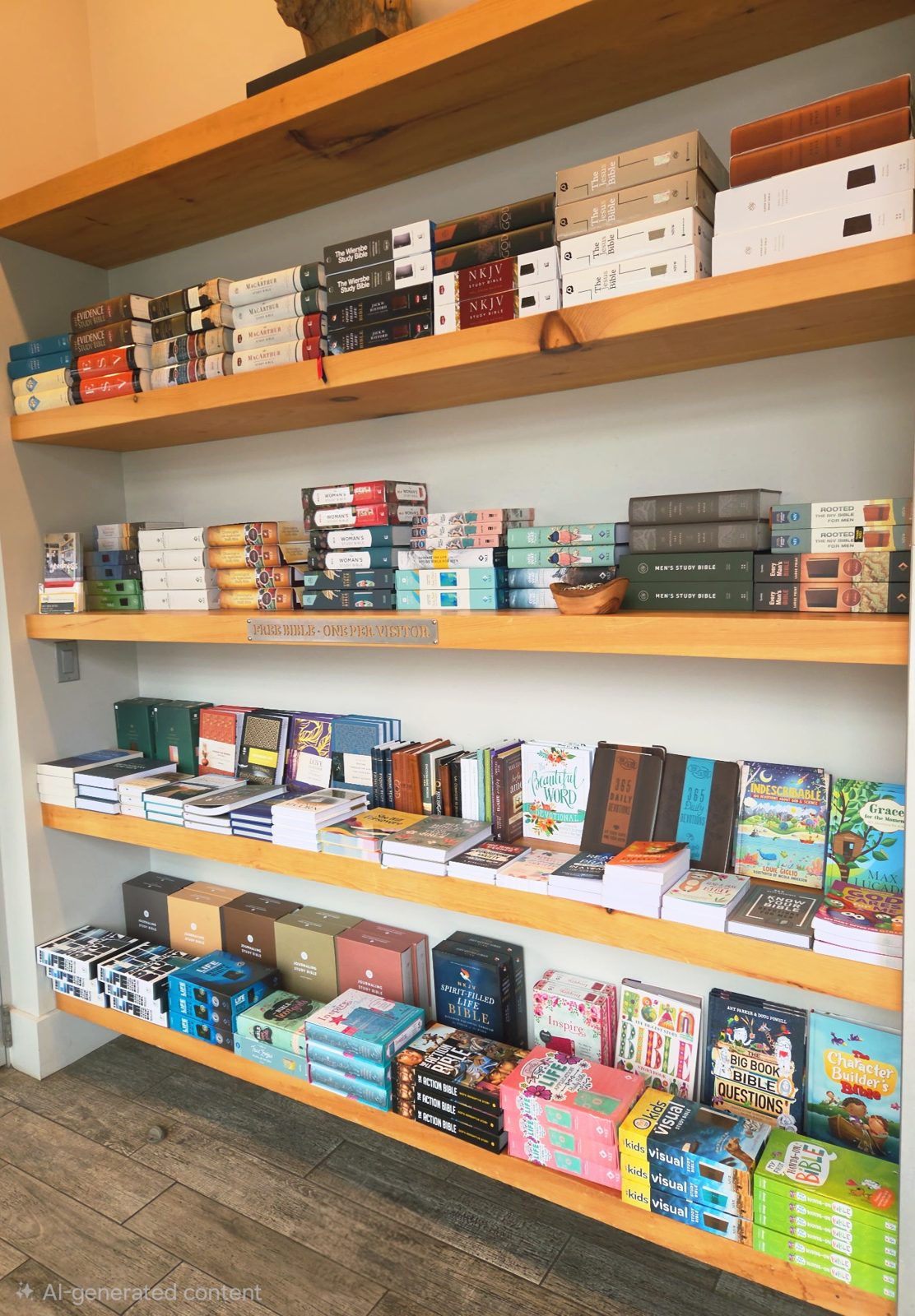 The free Bible shelf at Green Tree Ministries, stocked with Bibles for anyone to take